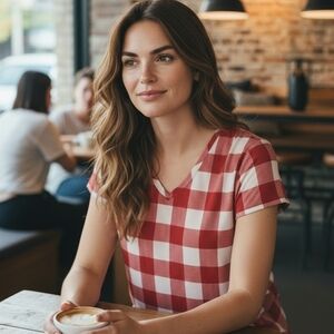 Peter Nygard- NWT, Red & White Checkered Short Sleeve Top, V-Neck, Size Small